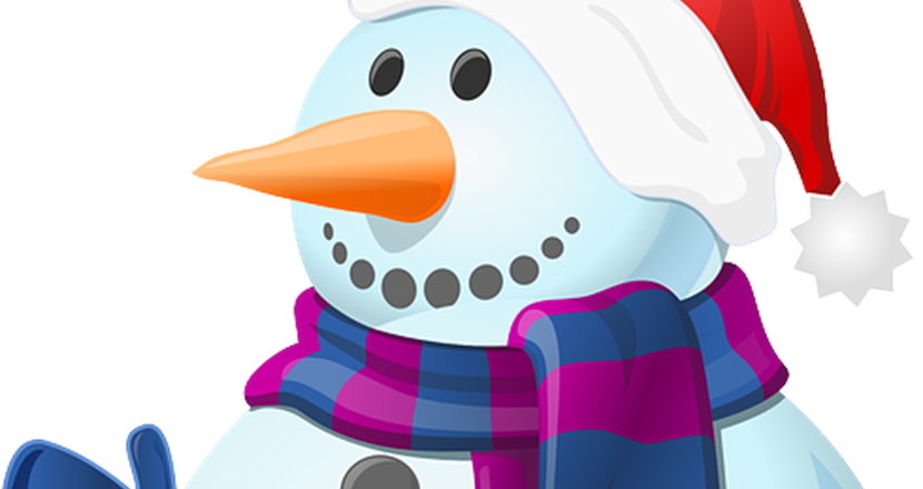En glad snögubbe hälsar välkommen till vårt julmys. Teckning.