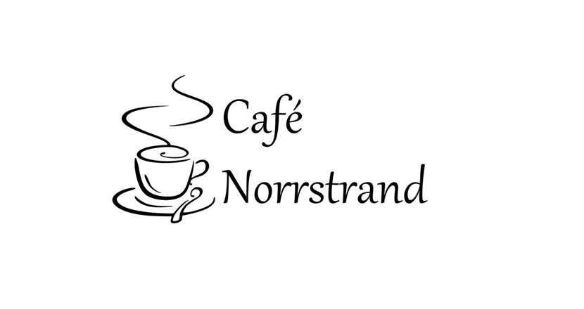 Svart/vit logga med en kaffekopp och texten Café Norrstrand. Illustration.