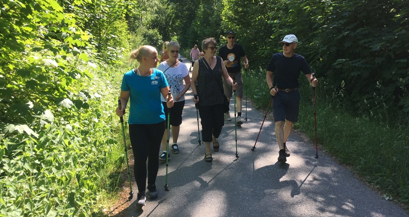 Ett gäng på stavgångspromenad.