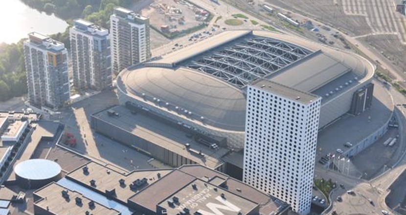Flygfoto över Friends Arena och Choice hotel. Foto.