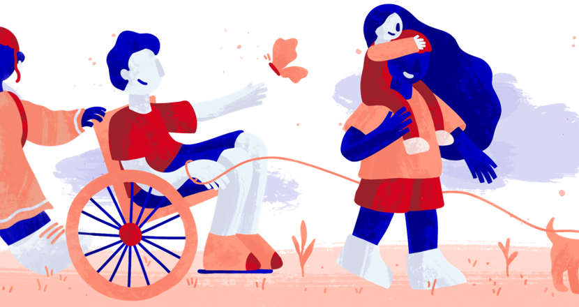 Färgglad illustration med två personer som går och en som rullar.
