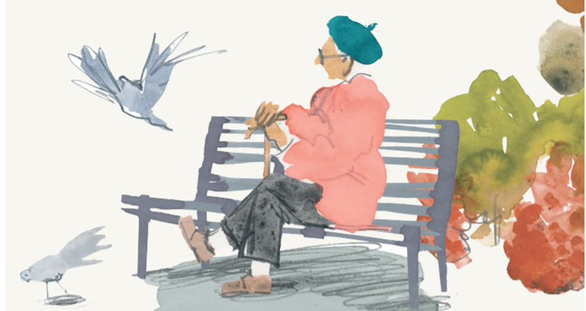 En äldre person på en bänk som matar duvor. Illustration.