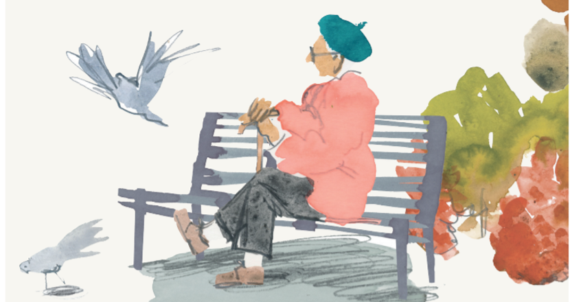 En äldre person på en bänk som matar duvor. Illustration.