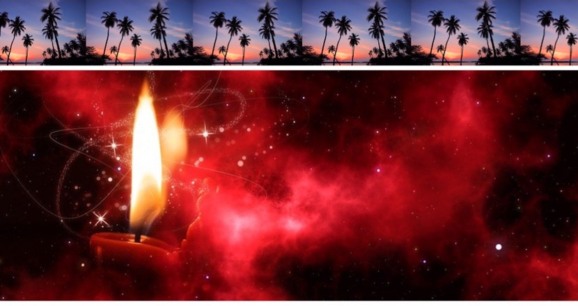 Ett rött tänt stearinljus mod mörk bakgrund med stjärnor och en bård med små bilder av exotiska palmer ovanför.