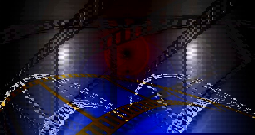 Cineasterna - en värld av film. Bild av en tecknad filmremsa i svart och blått.