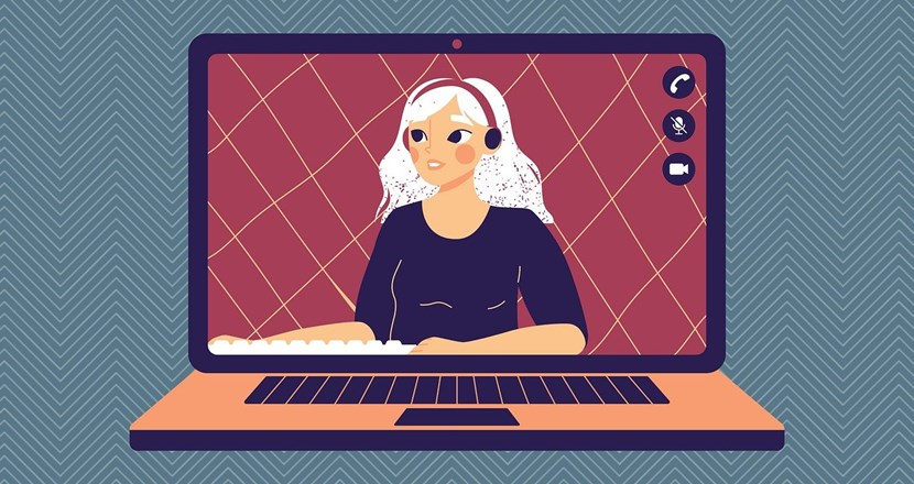 En datorskärm med en vithårig kvinna som håller ett webbinarium. Illustration.