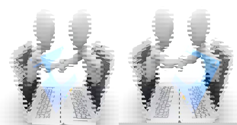 I år möts vi digitalt! Två datorer som tar i hand. Bild: pixabay.com.