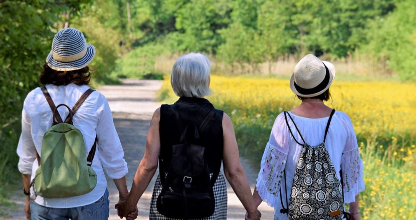 Tre kvinnor i olika åldrar som håller varandra i hand, sedda bakifrån. Foto.