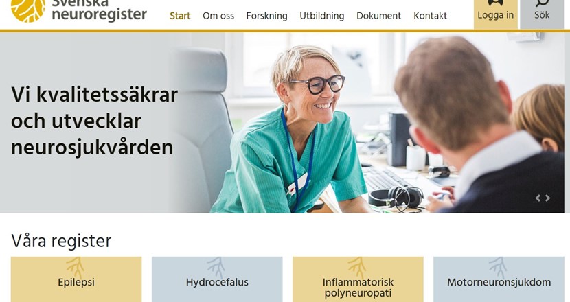 Skärmdump från Svenska neuroregisters webbsida. Foto.