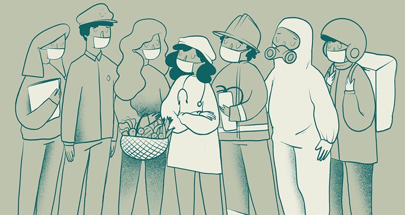 Män och kvinnor från olika yrkesgrupper iförda munskydd. Illustration. 
