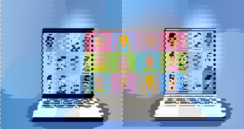 Digitalt möte med många personer i små rutor. Illustration.