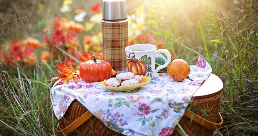 Picknickkorg som bord med duk. Ovanpå står termos, mugg, frukt och bröd