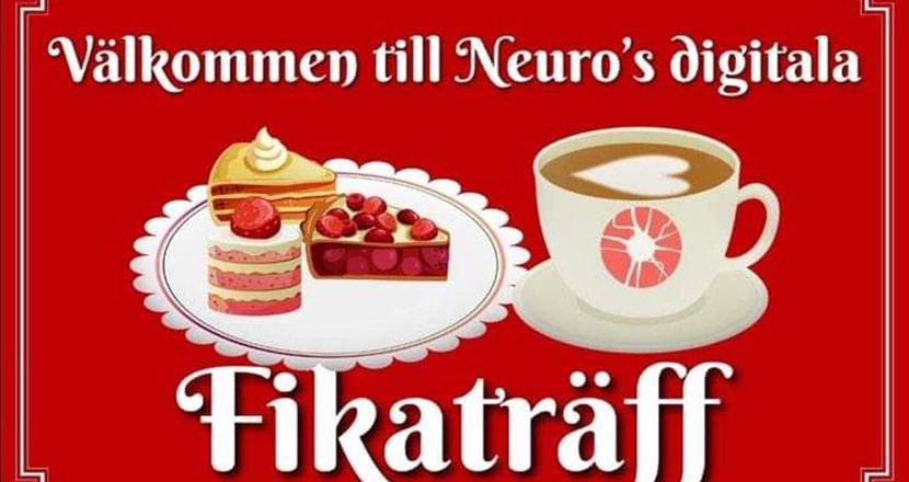 Text med inbjudan till Neuro's digitala fikaträff mot röd bakgrund. Bild.
