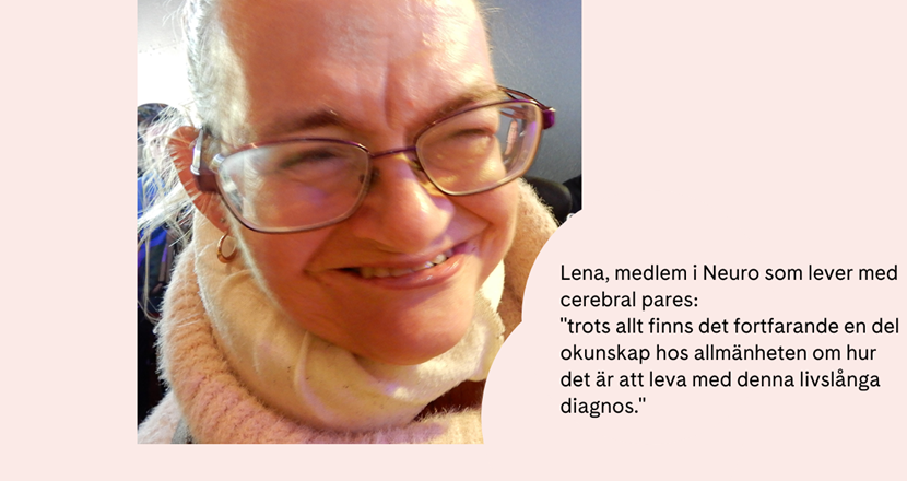 Porträttbild på Lena mot ljusrosa bakgrund med ett citat. Fotomontage.