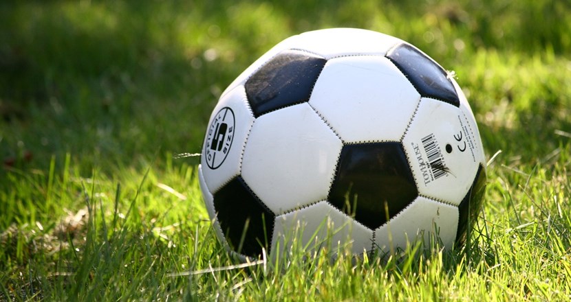 En fotboll som ligger i grönt gräs. Foto.