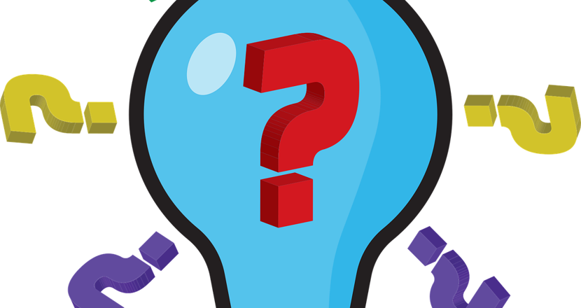 Tecknad bild med frågetecken och en glödlampa.