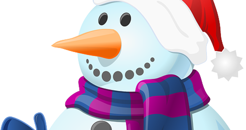 En glad snögubbe hälsar välkommen till vårt julmys. Teckning.