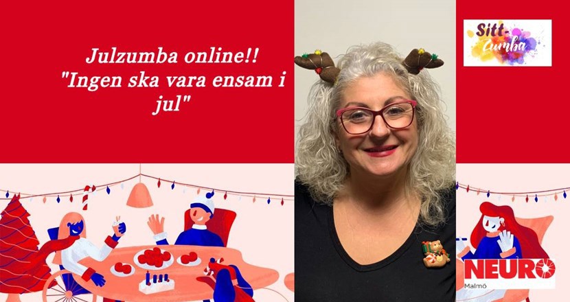 Ett kort med text och tecknade figurer samt ledaren för zumban med små renhorn i det gråa håret. Foto.