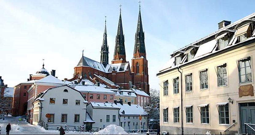Vinterbild på Uppsala domkyrka med Gamla Torget och Upplandsmuseet i förgrunden. Foto.