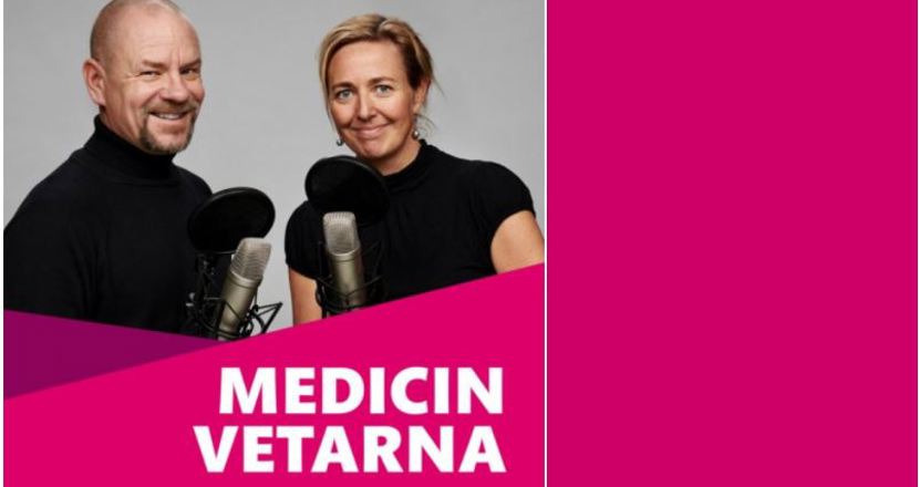 Foto på programledarna och en logotype.