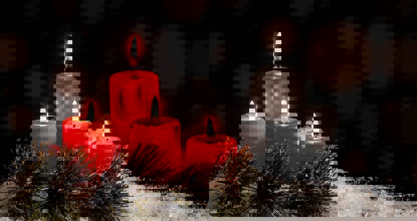 Fyra röda ljus med lite tallris och snö. Foto.