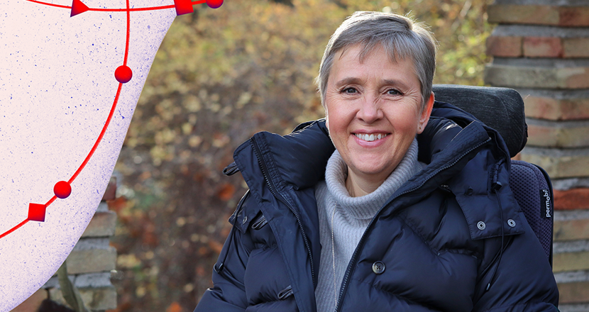 Lise Lidbäck med en girlang i rött. Fotokollage.