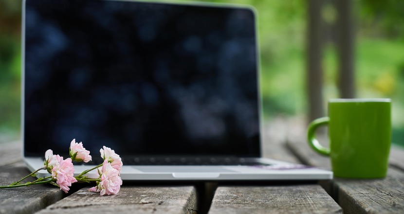 En laptop som står på ett träunderlag. Bild.