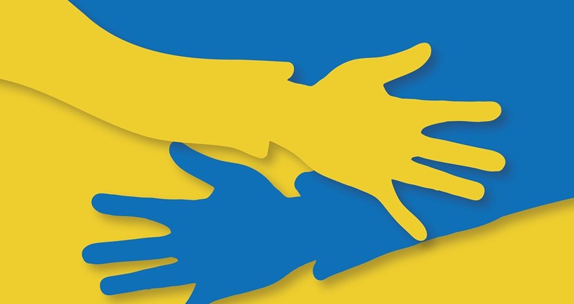 Två händer som räcks mot varandra i Ukrainas färger - en gul och en blå. Illustration.