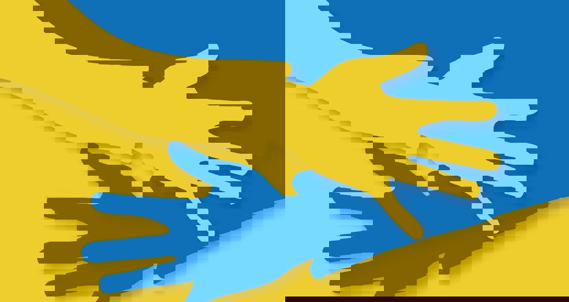 Två händer som räcks mot varandra i Ukrainas färger - en gul och en blå. Illustration.