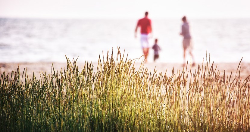 En man, ett barn och en kvinna syns på långt håll vid en strand. Foto.