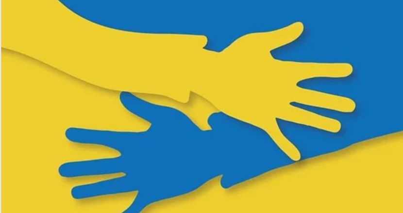 Tecknade utsträckta händer i gult respektive blått.