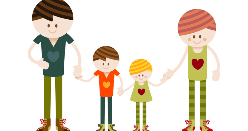 Tecknad familj med två barn.