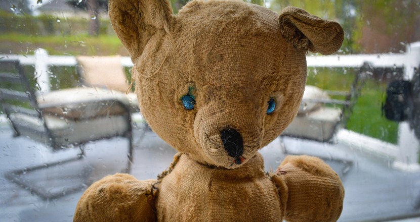 En gammal luggsliten nalle. Foto.