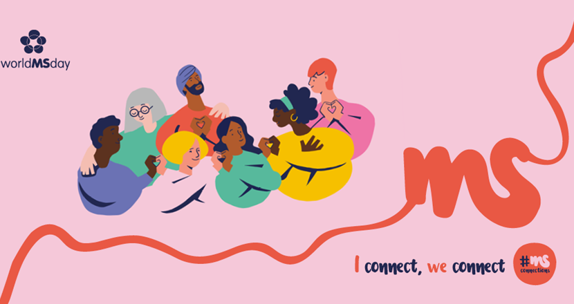 En rosa bild med ett antal tecknade personer och bokstäverna M och S. Illustration.