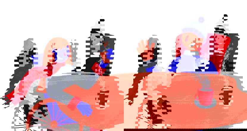 Två personer, en i rullstol, fikar vid ett bord. Illustration.