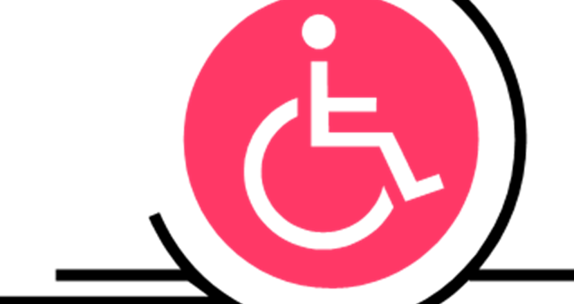 Symbol för en person i rullstol mot röd bakgrund. Illustration.