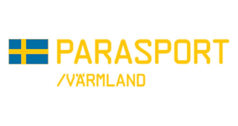Parasport Värmland i gul text med en Svensk flagga till vänster om texten. Logga.