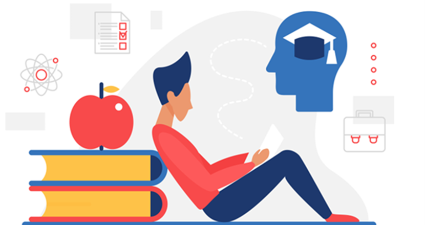 En tecknad person som läser och lutar sig mot en trave böcker och ett kunskapsäpple.