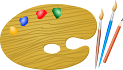 Palett med färg och penslar