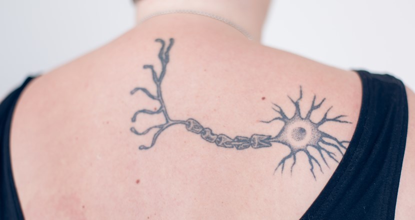 Ett neuron tatuerat på ryggen på en kvinna. Foto.