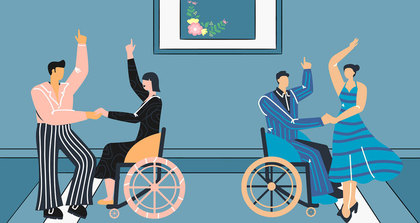 Två dansande par, varav en part sitter i rullstol. Illustration.