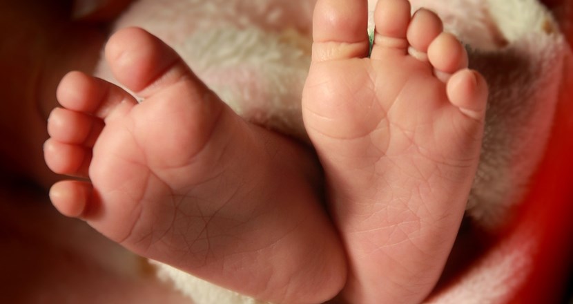 Två små spädbarnsfötter som sticker ut ur en filt. Foto.