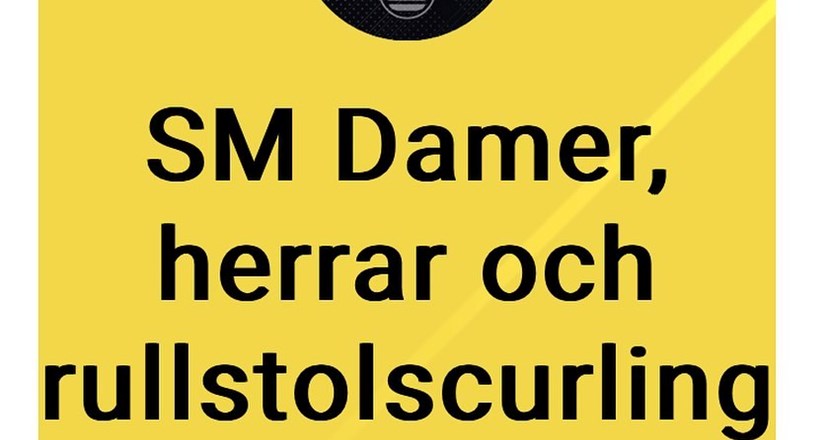 Inbjudan till SM i rullstolscurling i svart mot gul bakgrund text. Text.