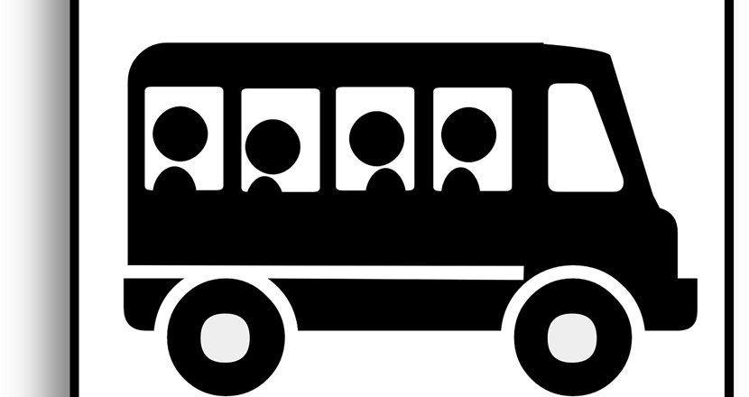 En svart-vit minibuss. Teckning.
