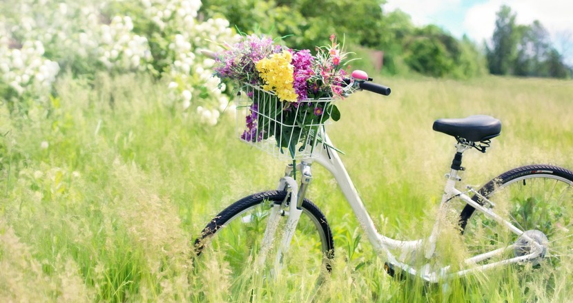 En damcykel som står på en äng med korgen full av blommor i olika färger.