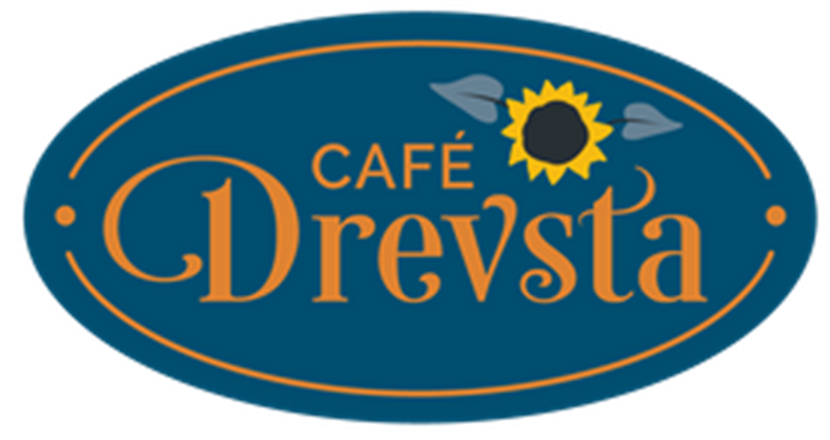 En oval liggande blå skylt med texten Café Drevsta i kanelbrun text och en liten solros. Logga. 