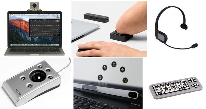 Foton på hjälpmedel för ögonstyrning, anpassat tangentbord med mera.