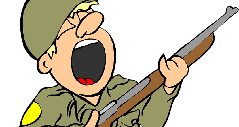 En tecknad soldat som håller i ett gevär och ropar något med stor öppen mun. Teckning.