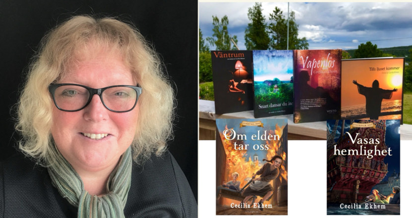 Porträttbild av Cecilia Ekhem. Bilder på hennes böcker. Väntrum, Snart dansar du åter, Vapenlös, Tills ljuset kommer åter, Om elden tar oss och Vasas Hemlighet.