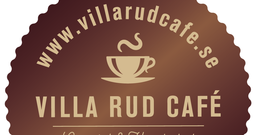 En rund brun cirkel med beige text: Villa Rud café. Logga.